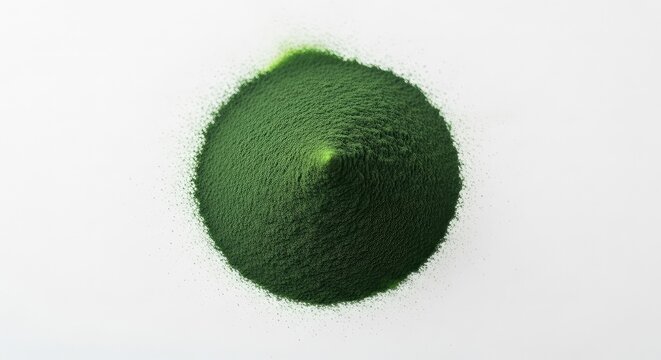 Fine emerald green spirulina powder pile on a pure white surface, high angle view of nutritional organic algae supplement for health, texture, dense, supplement