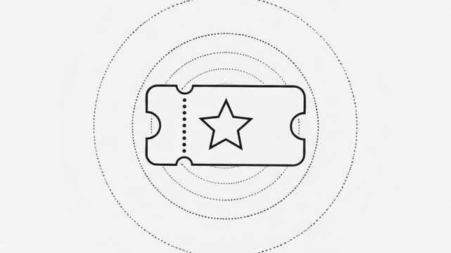 A minimalist thin line ticket icon with a star symbol inside, centered on a clean light background with subtle concentric circular graphic waves creating a modern and futuristic design