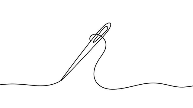 Minimalist sewing needle and thread on white background.