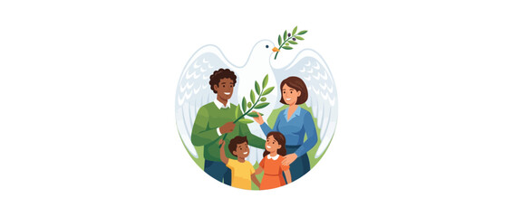 Naklejka premium Diverse Family Embraces Peace Symbol of Dove and Olive Branch
