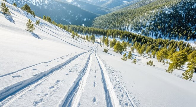 Crisp white snow covers a steep mountain slope with fresh parallel tracks from skis leading toward a valley filled with pine forest trees, sunny, vacation, mountain