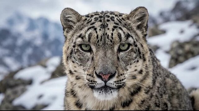 Leopard in Snowy Mountain Landscape with Forest Background