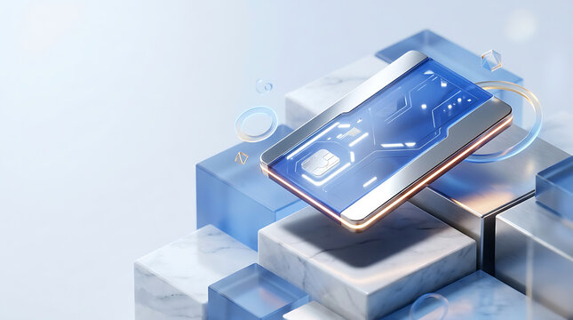 Modern smartphone with glowing screen on futuristic marble blocks