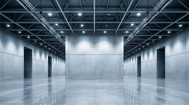 Empty modern industrial hall interior with concrete wall and glossy floor