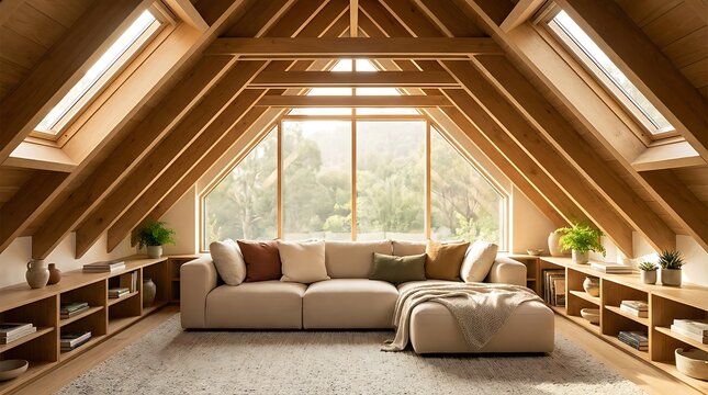 Cozy modern attic loft interior with wooden beams skylights and modular sectional sofa