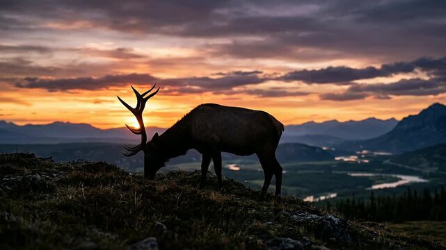 Majestic Stag Roaming at Sunset in Mountain Landscape