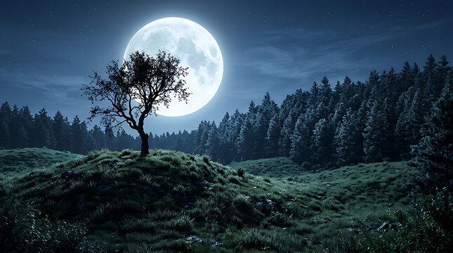 Lone tree under full moon in misty forest clearing.