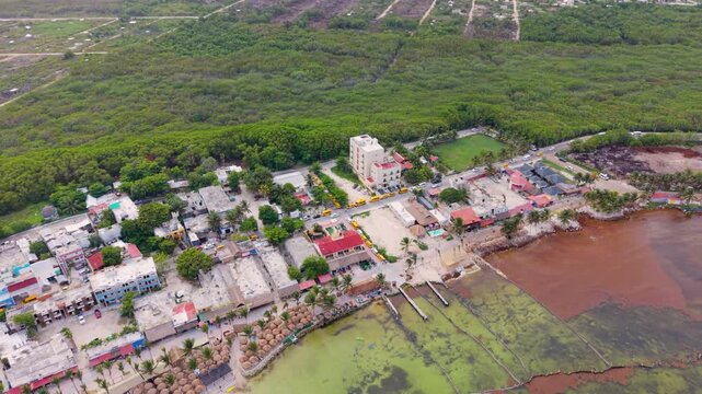 Drone shot of Mahahual beach affected by seasonal sargassum blooms