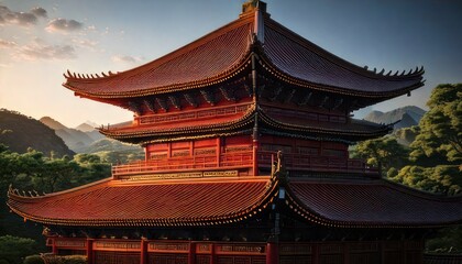 Obraz premium Traditional Asian Pagoda Temple Architecture Landscape.