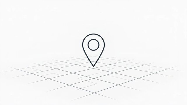 A simple, modern, minimalist illustration of a location pin icon set against a clean, bright white background with a subtle grid pattern