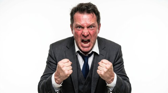 Angry businessman screaming and clenching his fists in frustration wearing a formal dark business suit and black tie isolated on white background