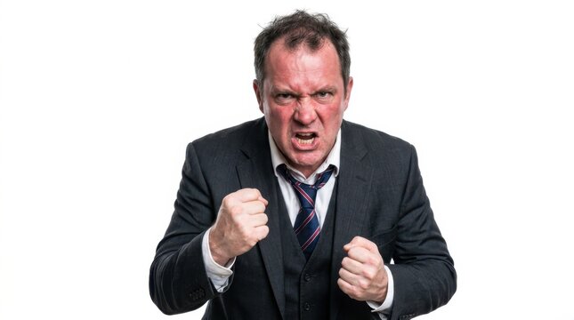 An angry businessman in a black suit clenching his fists and shouting in a fit of rage looking directly at the camera isolated on white background