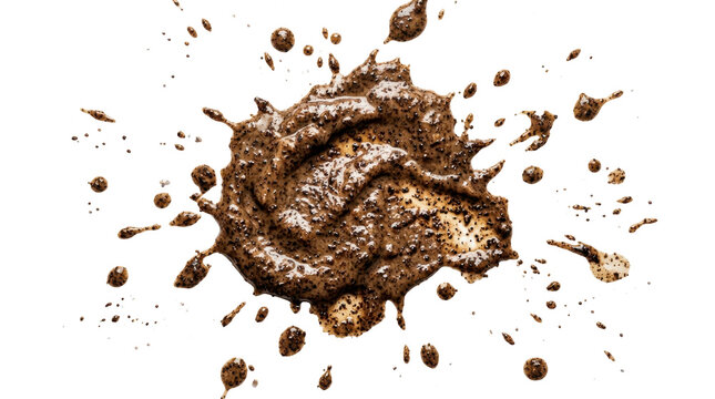 A dynamic brown mud splash captured in high-speed photography against a clean white background, creating an organic and textured liquid effect.