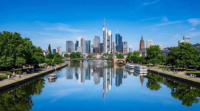 Frankfurt am main skyline with main river and reflections on a sunny day