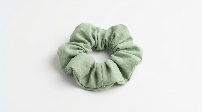 Soft light green fabric hair scrunchie accessory for women and girls for daily hairstyle and fashion hair styling isolated on white background