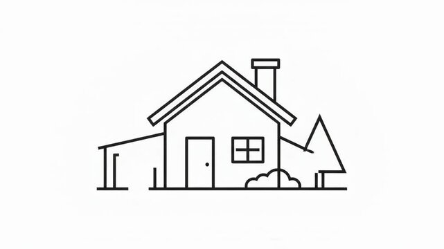 Minimalist Line Art Illustration of a House with a Tree and Chimney on a White Background