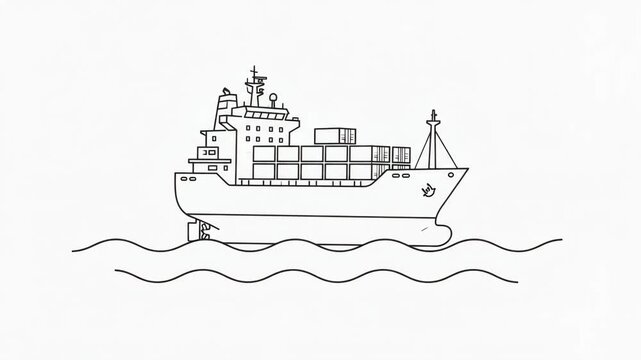 Cargo container ship floating on water waves vector line art illustration for commercial logistics and maritime shipping concept
