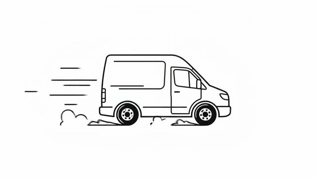 A minimal outline illustration of a delivery van in motion signifying fast logistics and transportation services for modern shipping