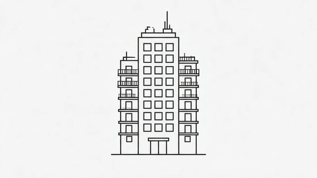 Minimalist line art illustration of a high-rise city building with balconies and antenna for urban architectural design