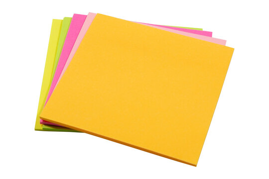 Stack of square adhesive sticky notes in vibrant neon colors, including yellow, pink, and green, isolated on a white background