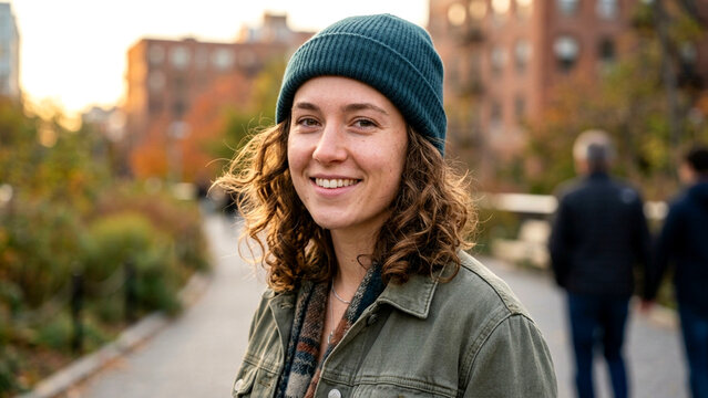 Portrait of a young woman with curly hair wearing a beanie in the city