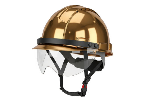 Shiny gold construction safety hard hat with clear protective face shield isolated on transparent background