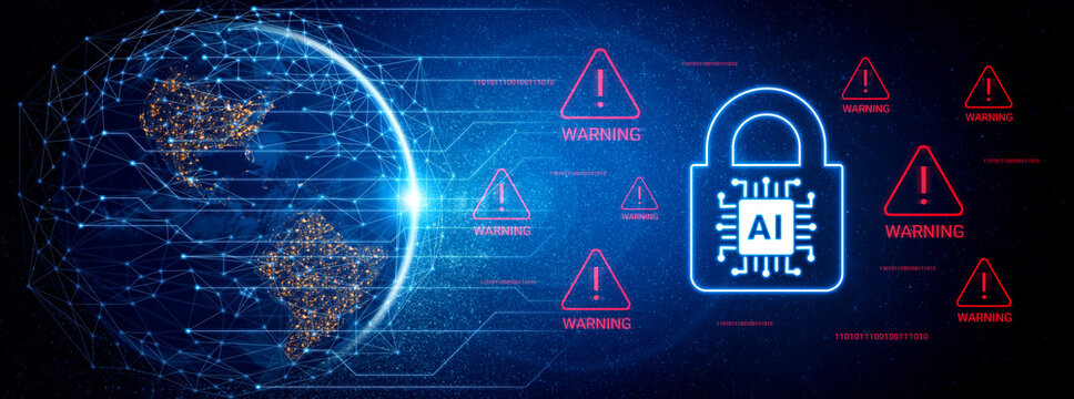 Visual representation of AI security integrating a global network and warning symbols, highlighting challenges in protecting data against cyber threats in the digital landscape. Cyphers