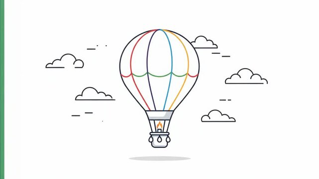Hot air balloon with a basket and colorful stripes floating in the sky amongst clouds, illustration with thin lines and a modern design style