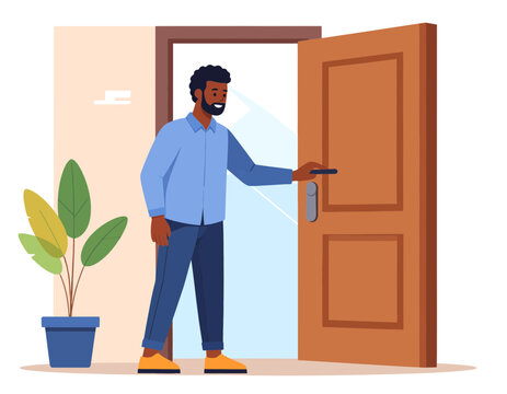 Person unlocking an apartment door with a key flat vector illustration