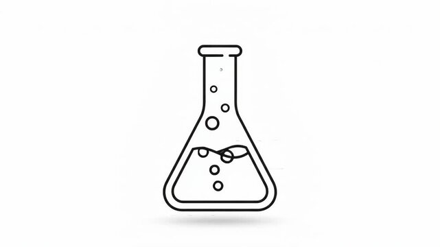 Vector outline icon of a conical laboratory flask filled with a bubbling liquid, symbolizing scientific discovery, chemical analysis, and experimental procedures