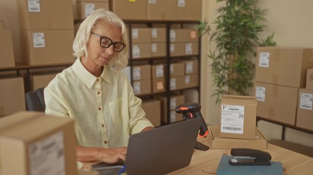 Woman typing on laptop at packing desk surrounded by shipping boxes and a barcode scanner in a building; ecommerce calm.