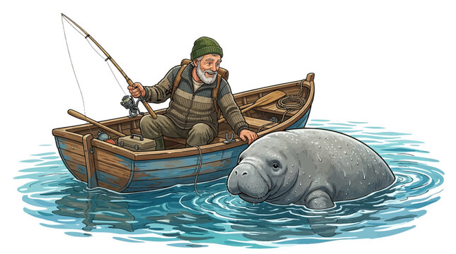 Elderly fisherman in a boat encounters a friendly manatee in the water