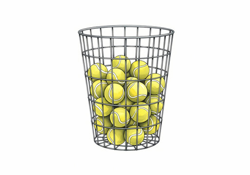 Tall wire hopper filled with yellow tennis balls