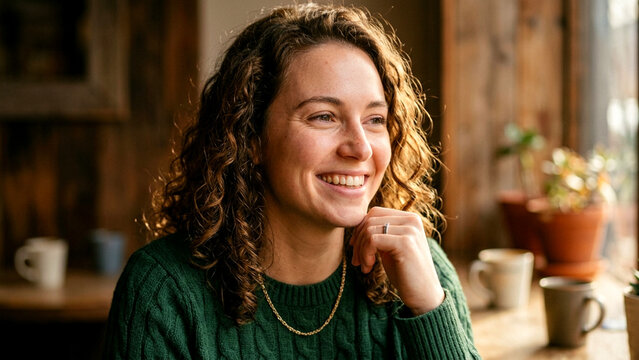 Smiling young woman with curly hair sitting in a cozy cafe