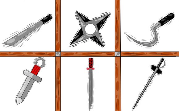Set of six ninja and martial arts weapon illustrations displayed on a wooden wall frame.