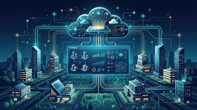 The scene shows a city with buildings connected through cloud technology for energy management. Smart systems control HVAC operations.