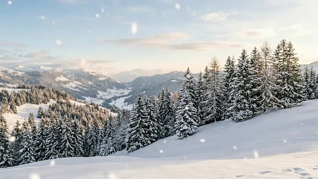 Serene Snowy Mountain Landscape with Coniferous Forest and Sky