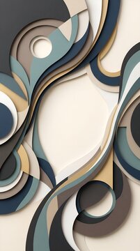 Elegant luxury geometric paper cut layers with abstract flowing curves and waves in modern muted tones