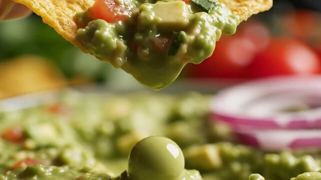 Close-up of Tortilla Chip Dipping into Fresh Guacamole with Tomatoes and Red Onion, Appetizer Concept