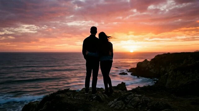 Silhouetted Couple Watching Sunset by the Sea