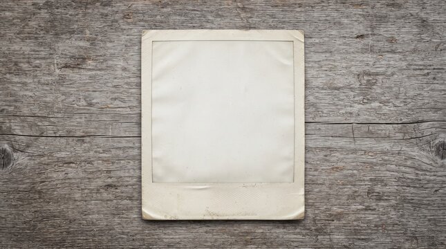 Polaroid frame sits centered on a rustic wooden table providing a classic space for personal photos.