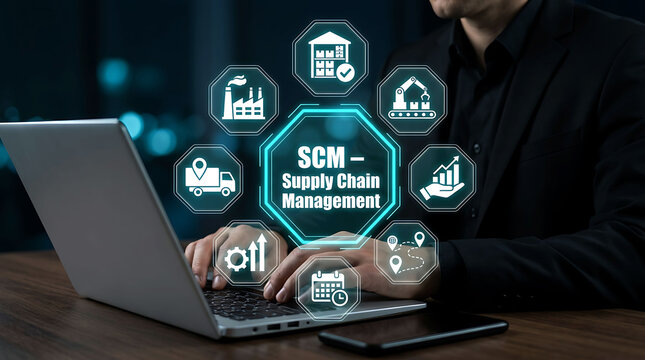 Businessman using laptop for supply chain management concept scm digital technology