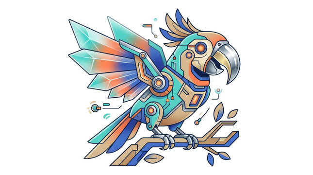 A vibrant mechanical parrot perched on a branch, illustrated in a modern vector art style with a futuristic tech-inspired aesthetic.