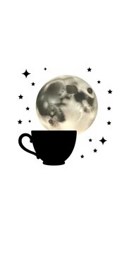 Silhouette of moon face drinking from a cup surrounded by stars on a white background, subtle, cup