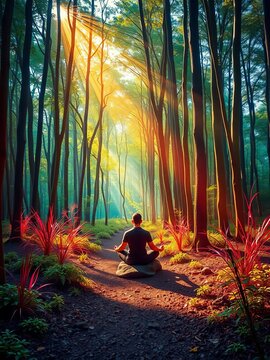 Serene forest with meditating figure surrounded by vibrant color lines, peaceful, mindfulness