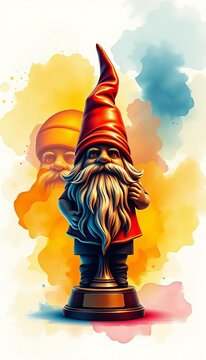 Vintage gnome basketball trophy on a watercolor background, card, gnome