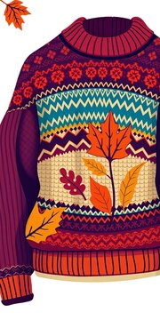 Vintage-inspired illustration of a cozy sweater with autumnal colors, ||sweater, illustration
