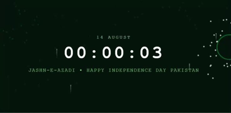 Pakistan Independence Day 14 August midnight digital clPakistan Independence Day 14 August midnightock countdown transition from 13 August to 14 August with Jashn-e-Azadi text and green fireworks loop