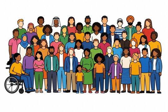 Diverse multicultural community group standing together for inclusion