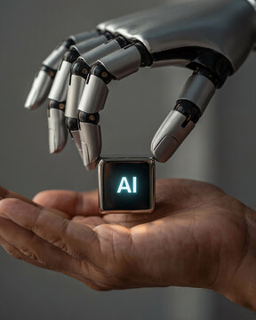 Robotic hand holding ai screen close-up